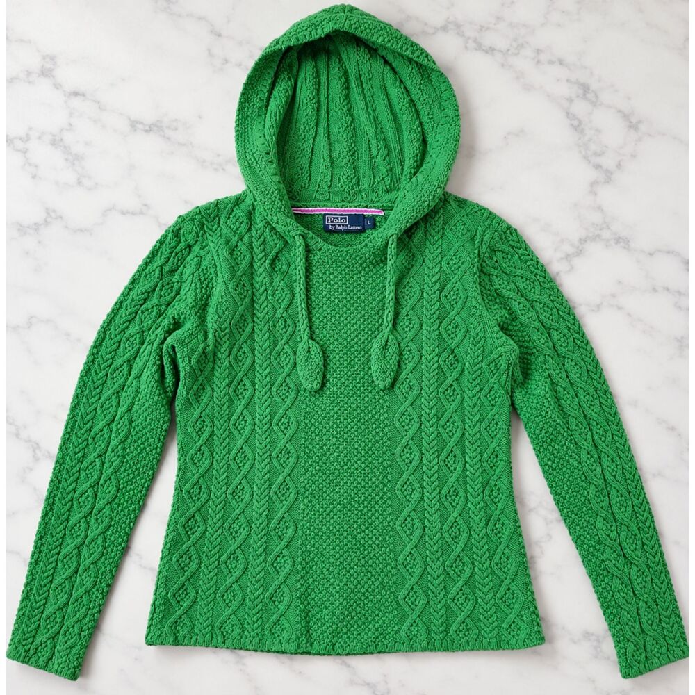 Vintage Polo Ralph Lauren Green Cable Knit Hooded Sweater Women's L 100% Cotton